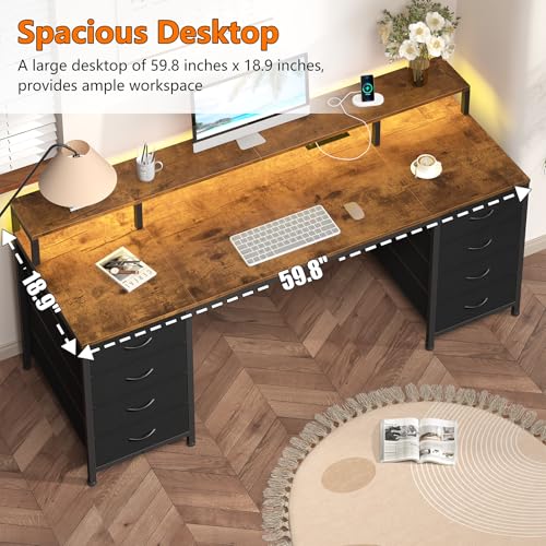 60 Inch Computer Desk with 8 Fabric Drawers, Gaming Desk with LED Lights & Power Outlets, Home Office Desk with Monitor Stand, Rustic Brown