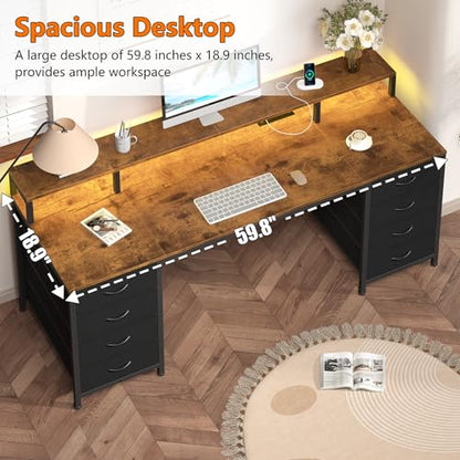 60 Inch Computer Desk with 8 Fabric Drawers, Gaming Desk with LED Lights & Power Outlets, Home Office Desk with Monitor Stand, Rustic Brown