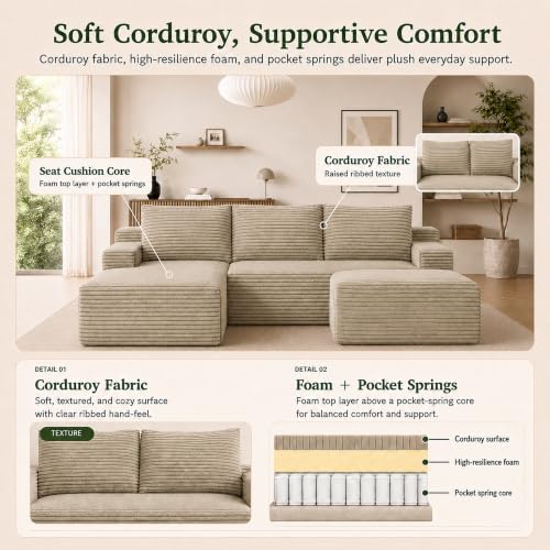 Boneless Couch, Modular Sectional Couches for Living Room, U-Shaped Cloud Couch Sofa with Deep Seat, Fluffy Corduroy Upholstered Corner Sofa
