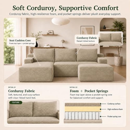 Boneless Couch, Modular Sectional Couches for Living Room, U-Shaped Cloud Couch Sofa with Deep Seat, Fluffy Corduroy Upholstered Corner Sofa