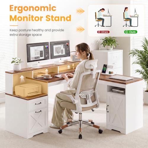 63 Inch Farmhouse L Shaped Computer Desk with Drawers & Power Outlets, view 7