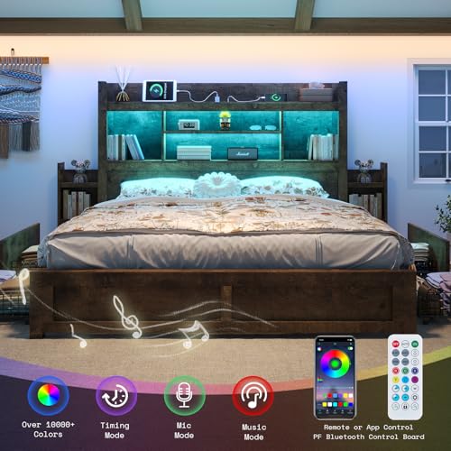 King Bed Frame with Storage, Bookcase Headboard, Rustic Brown, view 7