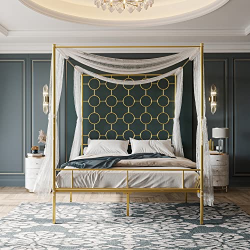 Gold Metal Canopy Bed Frame Queen/Mattress Foundation with Steel Slat, view 2