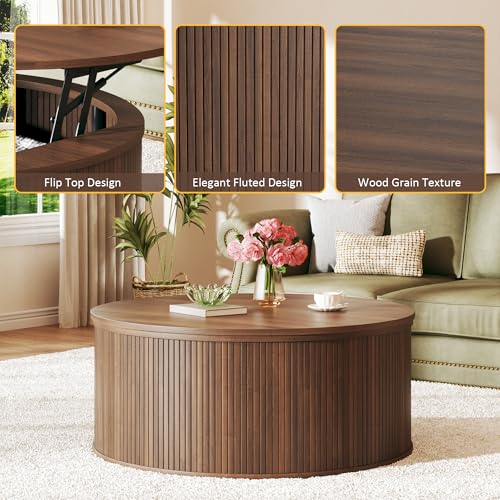 Round Coffee Table with Storage, 31.5" Lift Top Coffee Table, Mid Century Modern Coffee Tables for Living Room, Apartment Office, Fluted Table with Rustic Wood Desktop, Walnut