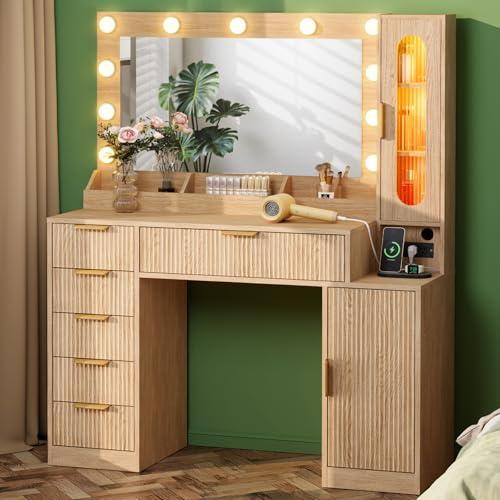 Fluted Makeup Vanity Desk with Large 31.4" Mirror and Sound Sync RGB Lights, view 2