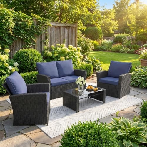 4 Piece Outdoor Wicker Patio Furniture Set, Black/Blue | Sectional Sofa | All-Weather Hand-Woven Rattan | Tempered Glass Coffee Table | Durable Fabric | Indoor & Outdoor Use