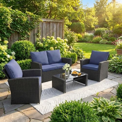 4 Piece Outdoor Wicker Patio Furniture Set, Black/Blue | Sectional Sofa | All-Weather Hand-Woven Rattan | Tempered Glass Coffee Table | Durable Fabric | Indoor & Outdoor Use