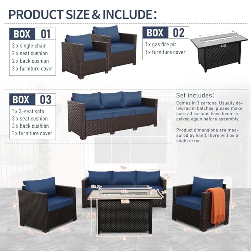 4 Piece Patio Furniture Set 45 Inches Fire Pit Table Outdoor Furniture Sets Patio Couch Outdoor Chairs 50000 BTU Propane Fire Pit with No-Slip Cushions and Waterproof Covers, Navy Blue
