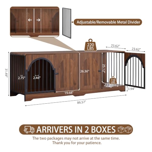 87" Large Dog Crate Furniture TV Stand, Double Kennel Divider (Walnut), view 3