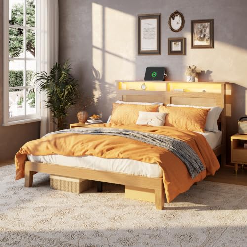 Boho Full Bed Frame with Rattan Headboard, LED, Charging & Storage, view 6