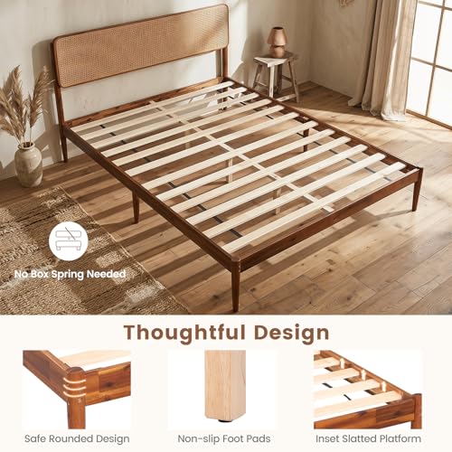 Queen Size Bed Frame w/Natural Rattan Headboard, Boho Platform Bed, view 8