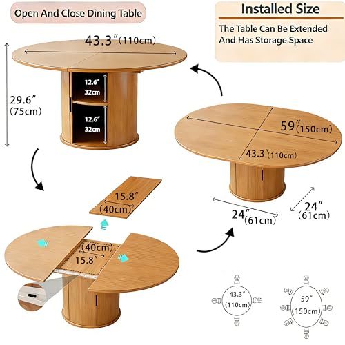 Extendable Round Dining Table for 2-4-6, 59 Inch Dining Room Kitchen Table with 2-Tier Storage Shelf, Modern Farmhouse Fluted Wood Slide Door Dinner Furniture,Oval Circle,Oak