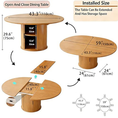 Extendable Round Dining Table for 2-4-6, 59 Inch Dining Room Kitchen Table with 2-Tier Storage Shelf, Modern Farmhouse Fluted Wood Slide Door Dinner Furniture,Oval Circle,Oak