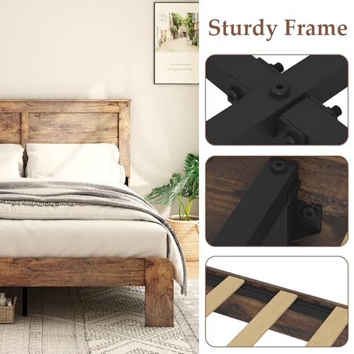 DWOYFO Wood Platform Bed Frame, Queen Bed Frame with Headboard, Dark Brown, view 5
