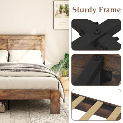 DWOYFO Wood Platform Bed Frame, Queen Bed Frame with Headboard, Dark Brown, view 5