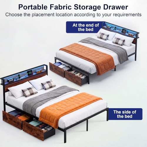 Queen Bed Frame with 2 Drawers, Platform Bed with LED Lights & Charging Station, view 6