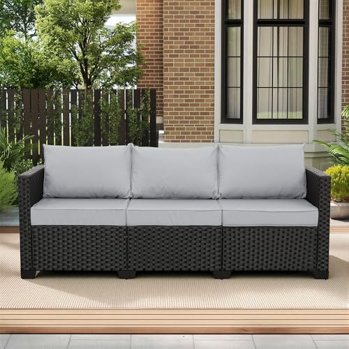 Light grey 3 seat outdoor sofa with waterproof cover, view 2