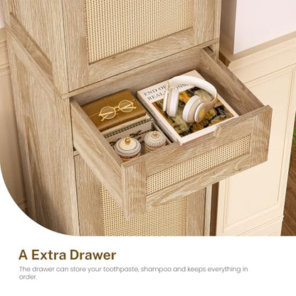 67" H Tall Storage Cabinet with 2 Rattan Doors and 1 Drawer, Narrow Rattan Cabinet with Adjustable Shelves, for Living Room, Entryway, Kitchen, Natural