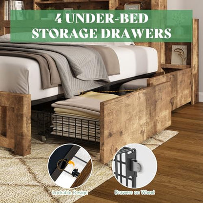 King Bed Frame with Bookcase Headboard & Storage, Rustic Brown, view 6