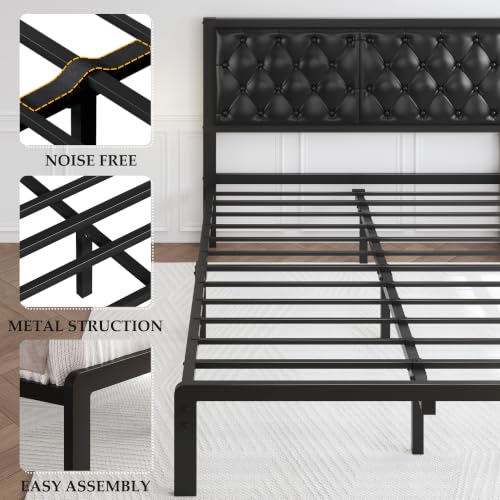 Queen Black Bed Frame with Button Tufted Headboard and Storage, view 8