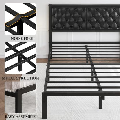 Queen Black Bed Frame with Button Tufted Headboard and Storage, view 8