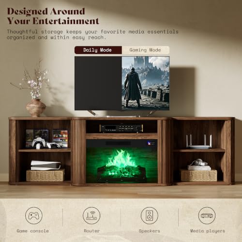 70" Fluted Electric Fireplace TV Stand, Mid Century Modern, Walnut, view 7
