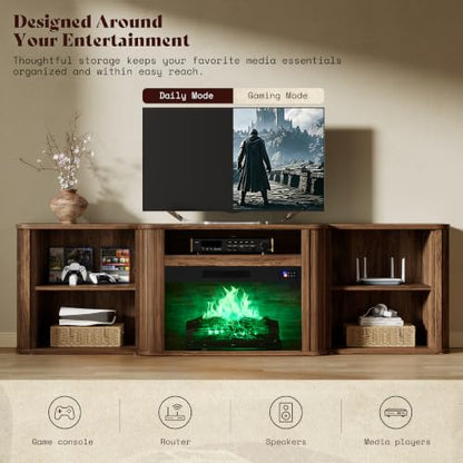 70" Fluted Electric Fireplace TV Stand, Mid Century Modern, Walnut, view 7