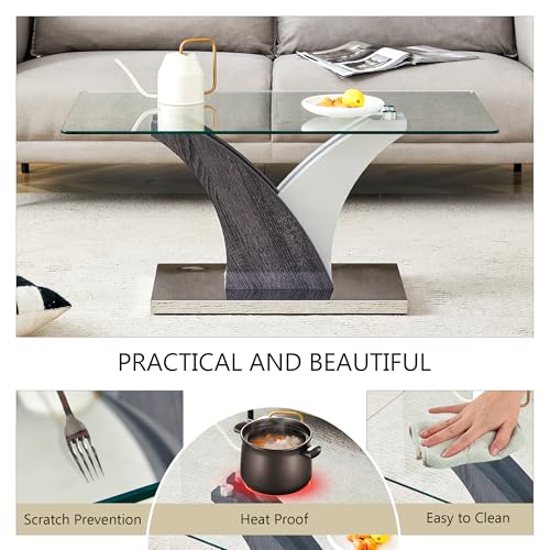 Rectangular Glass Coffee Table for Living Room, 39" Modern Clear Center Table, Tempered Glass Living Room Table with Wood Grain Textures Base