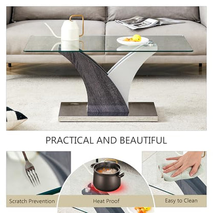 Rectangular Glass Coffee Table for Living Room, 39" Modern Clear Center Table, Tempered Glass Living Room Table with Wood Grain Textures Base