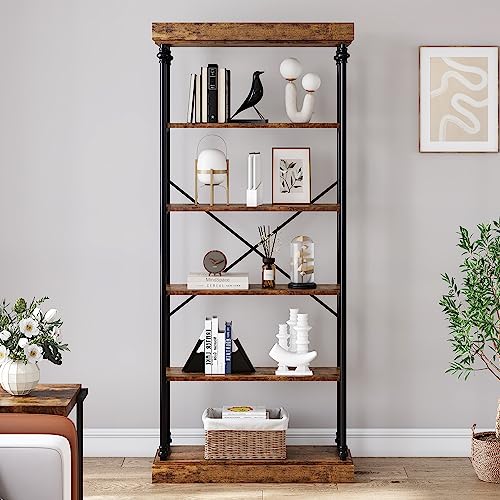 6 Tier Bookshelf Industrial Bookcase Wood Tall Standing Bookshelves Wood Vintage Display Rack Rustic Bookshelf