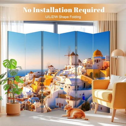 6 Panel Room Divider Screen Santorini Island Famous Popular Summer Resort Greece Folding Privacy Screen Canvas Wall Divider Wood Room Separator Portable Freestanding Partition 6Ft