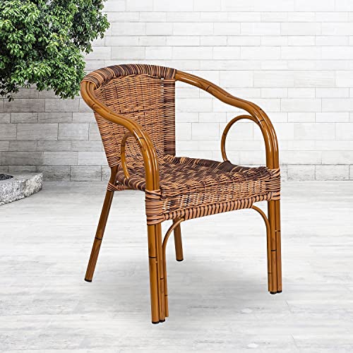 Cadiz Series Dark Red Bamboo-Aluminum Indoor-Outdoor Restaurant-Patio Chair with Burning Brown Rattan