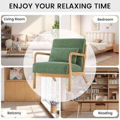 Mid Century Modern Accent Chair with Lumbar Pillow, Upholstered Chair for Living Room, Accent Chair with Solid Wood Frame Reading Chair Armchair for Bedroom Small Spaces, Green