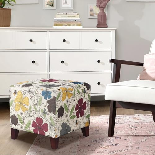 Floral Printed Linen Ottoman, 16.3" Upholstered Cube Foot Stool with Wood Legs, Small Accent Footrest for Living Room, Bedroom Vanity, and Under Desk - Burnt Orange & Blue