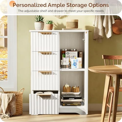Fluted Sideboard Buffet Cabinet, Modern White Wood Storage Console with Doors and Drawers, Multi-Function Storage Cabinet for Living Room, Dining Room, Kitchen, White