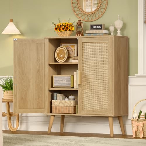 Storage Cabinet with 2 Shelves, Rattan Cabinet with 2 Doors, Sideboard Buffet Cabinets with Storage for Living Room, Dining Room, Entryway, Natural