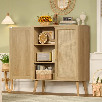 Storage Cabinet with 2 Shelves, Rattan Cabinet with 2 Doors, Sideboard Buffet Cabinets with Storage for Living Room, Dining Room, Entryway, Natural