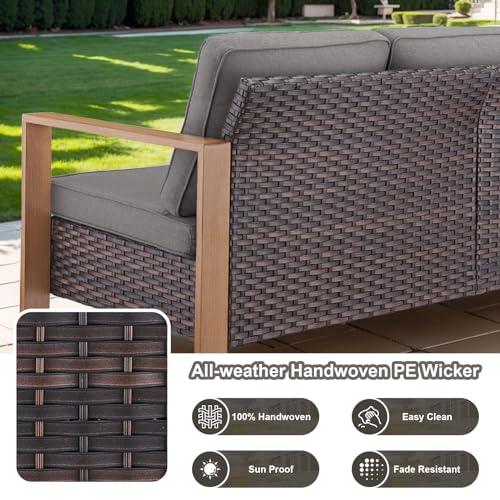 5 Piece Outdoor Wicker Patio Conversation Furniture Set Deep Seating, Metal Wide Armrests Patio Sofa Set with Rattan Chairs Ottomans for Porch Deck Sunroom Backyard