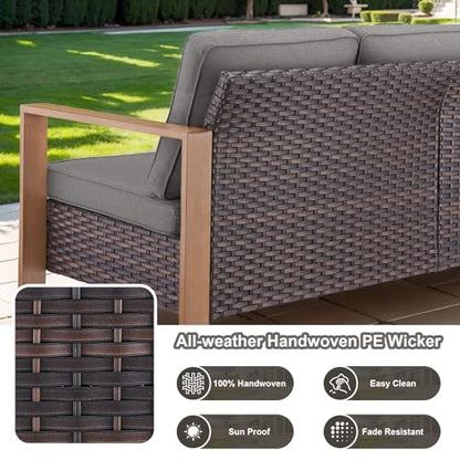 5 Piece Outdoor Wicker Patio Conversation Furniture Set Deep Seating, Metal Wide Armrests Patio Sofa Set with Rattan Chairs Ottomans for Porch Deck Sunroom Backyard
