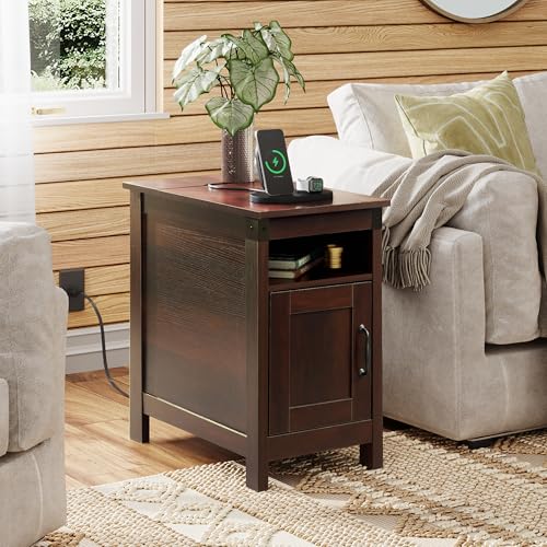 End Table with Charging Station, Narrow Side Table for Living Room, Farmhouse Night Stand with Storage, Small Wooden Nightstand with USB Ports and Outlets for Living Room and Bedroom, Espresso