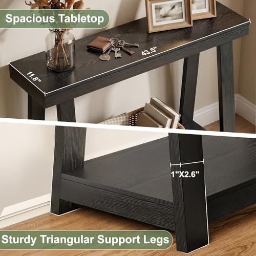 Black Console Table, 43.5 Inch Narrow Black Entryway Table with 2-Tier Storage, 500lbs Heavy Duty Sofa Table Behind Couch, Hallway Entry Table for Small Spaces, Living Room & Foyer