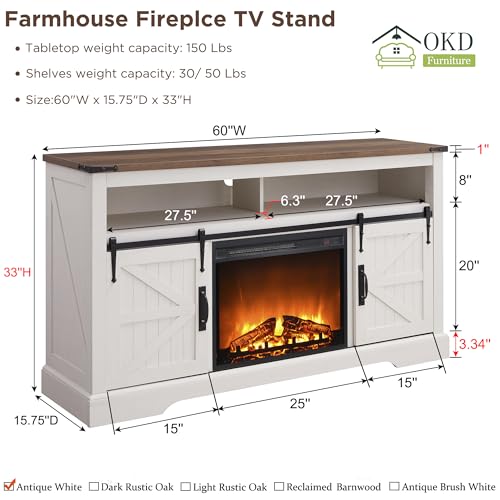 60" Farmhouse TV Stand with 23" Fireplace TV Stand, Antique White, view 3