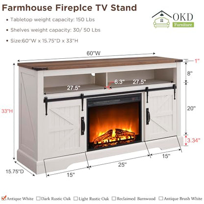 60" Farmhouse TV Stand with 23" Fireplace TV Stand, Antique White, view 3
