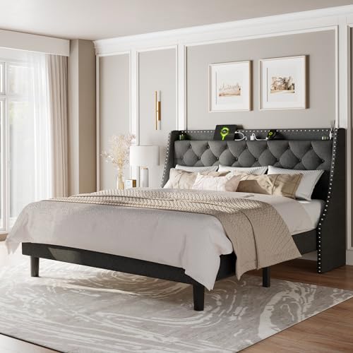 King Size Bed Frame with Luxury Wingback and Fast Charging Station, view 3