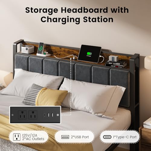 Queen Metal Bed Frame with LED Lights and Storage, view 7