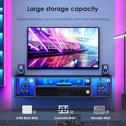 55 Inch Wall Mounted Floating TV Stand with LED Lights & Shelves, view 7