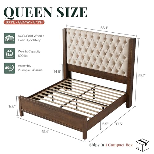 Queen Size Solid Wood Bed Frame,57" Wingback Headboard,Walnut, view 3