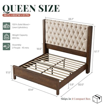Queen Size Solid Wood Bed Frame,57" Wingback Headboard,Walnut, view 3
