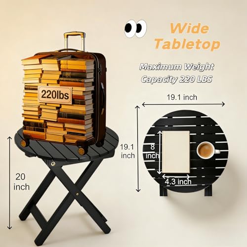 Outdoor Small Table, Round Folding Wooden Patio Side Table Furniture End Table for Adirondack Chair, Balcony, Porch, No Assembly Required, Black