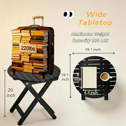 Outdoor Small Table, Round Folding Wooden Patio Side Table Furniture End Table for Adirondack Chair, Balcony, Porch, No Assembly Required, Black